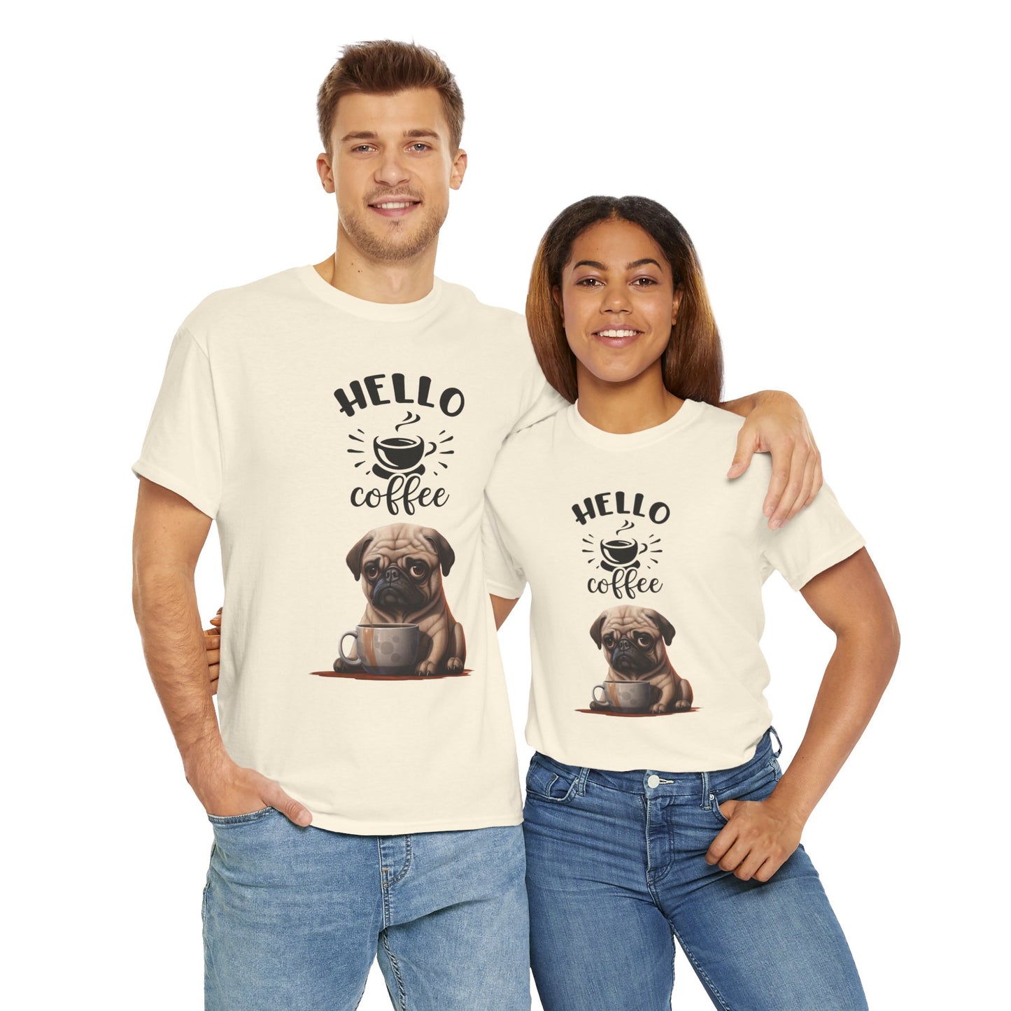 Hello Coffee Fun Pug Dog Shirt Mops Kaffee Humor Unisex Heavy Cotton T-Shirt