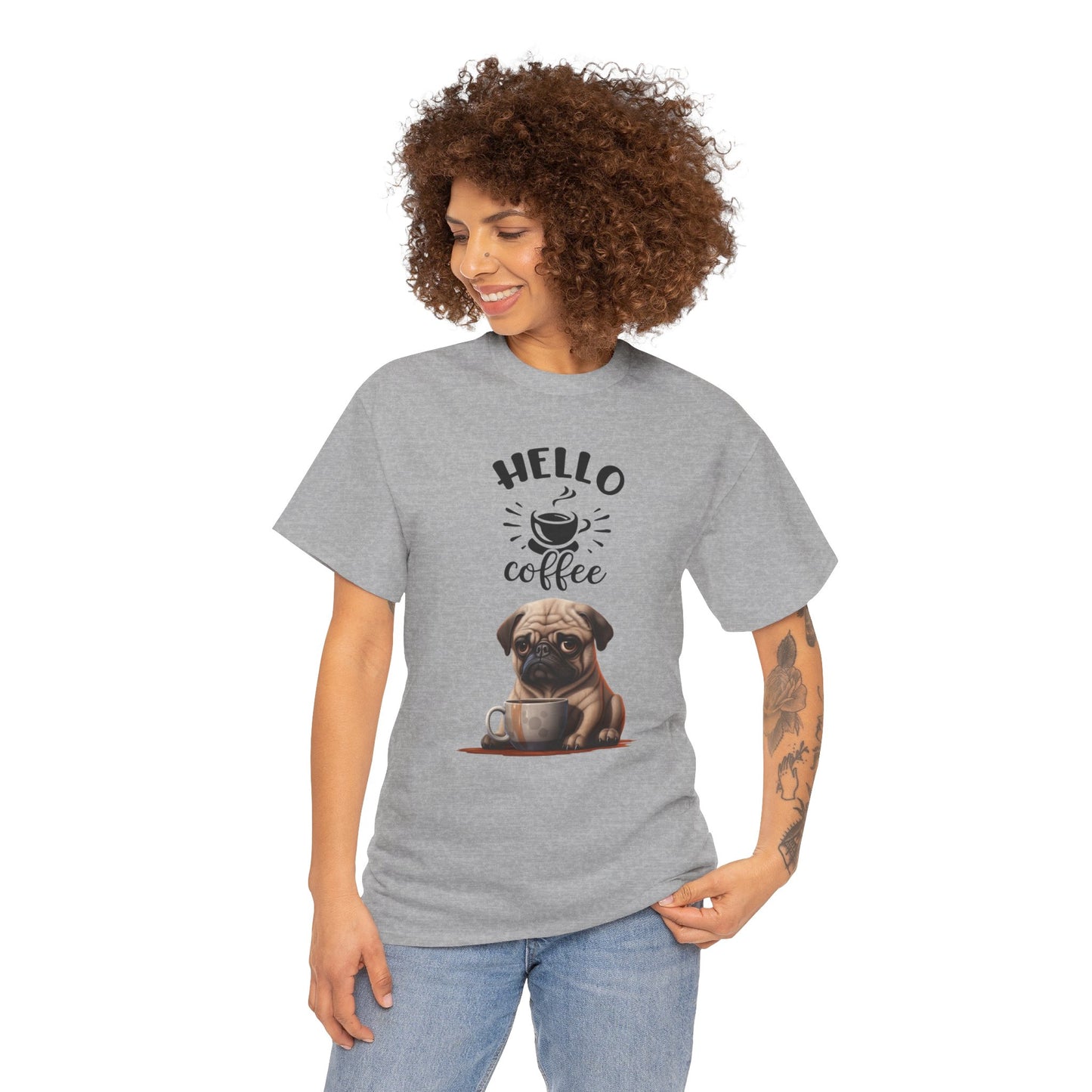 Hello Coffee Fun Pug Dog Shirt Mops Kaffee Humor Unisex Heavy Cotton T-Shirt