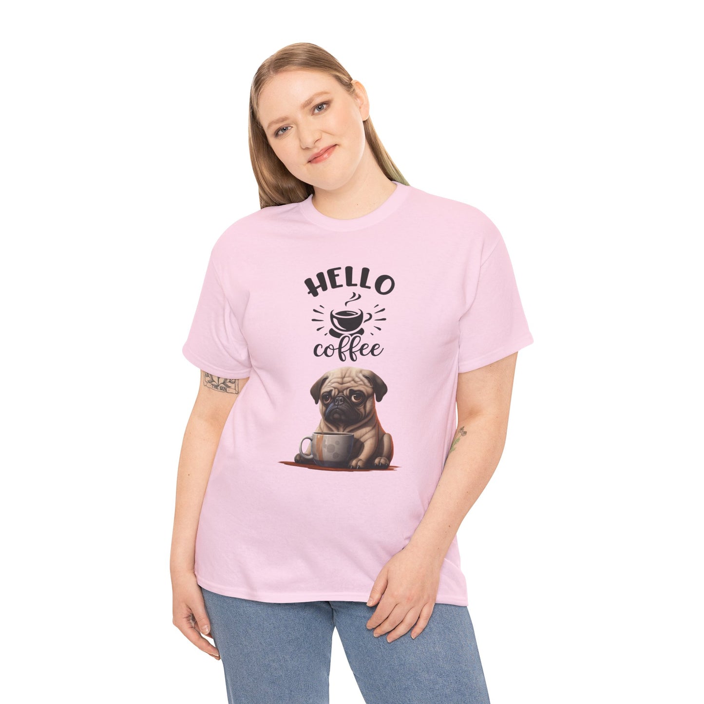 Hello Coffee Fun Pug Dog Shirt Mops Kaffee Humor Unisex Heavy Cotton T-Shirt