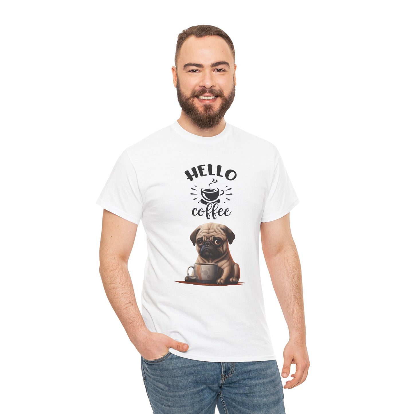 Hello Coffee Fun Pug Dog Shirt Mops Kaffee Humor Unisex Heavy Cotton T-Shirt